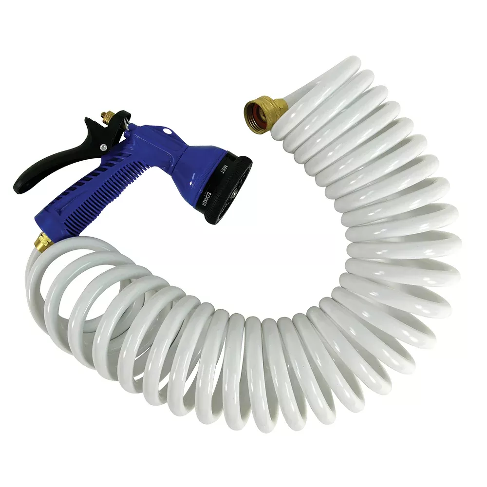 Whitecap 15′ White Coiled Hose w/Adjustable Nozzle